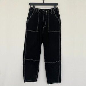 Divided Contrast Stitch Skater Style Cropped Pants Black